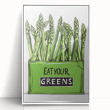 Art deco poster featuring an assortment of fruits in vibrant colors on a white acrylic framed print.