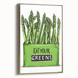 Framed canvas showing a vintage poster art of assorted fruits in muted gold tones, ideal for bedroom wall art.