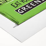 Art deco poster featuring an array of colorful fruits on a rolled canvas, suitable for dining room decor.