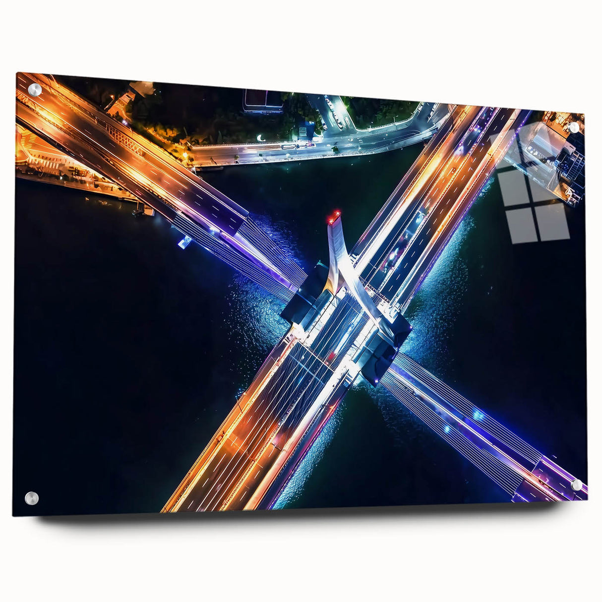 Landscape acrylic glass design showcasing a modern bridge side view with stylish pins, perfect for contemporary decor and art enthusiasts. The vibrant colors and sleek lines highlight the intricate details, making it an eye-catching addition to any space.