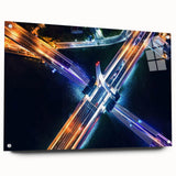 Landscape acrylic glass design showcasing a modern bridge side view with stylish pins, perfect for contemporary decor and art enthusiasts. The vibrant colors and sleek lines highlight the intricate details, making it an eye-catching addition to any space.