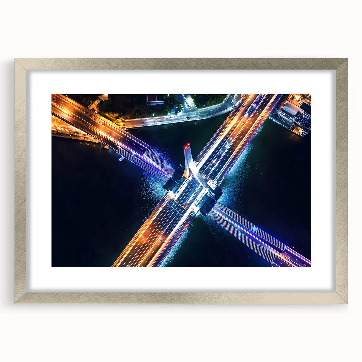 Landscape bridge frame with a silver mat, showcasing a modern design that highlights intricate details and craftsmanship, perfect for enhancing home decor aesthetics.