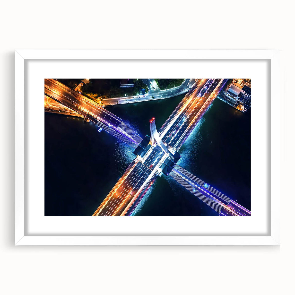 Landscape bridge frame with white matting, showcasing a modern design; ideal for enhancing living spaces or office decor with elegance and sophistication.