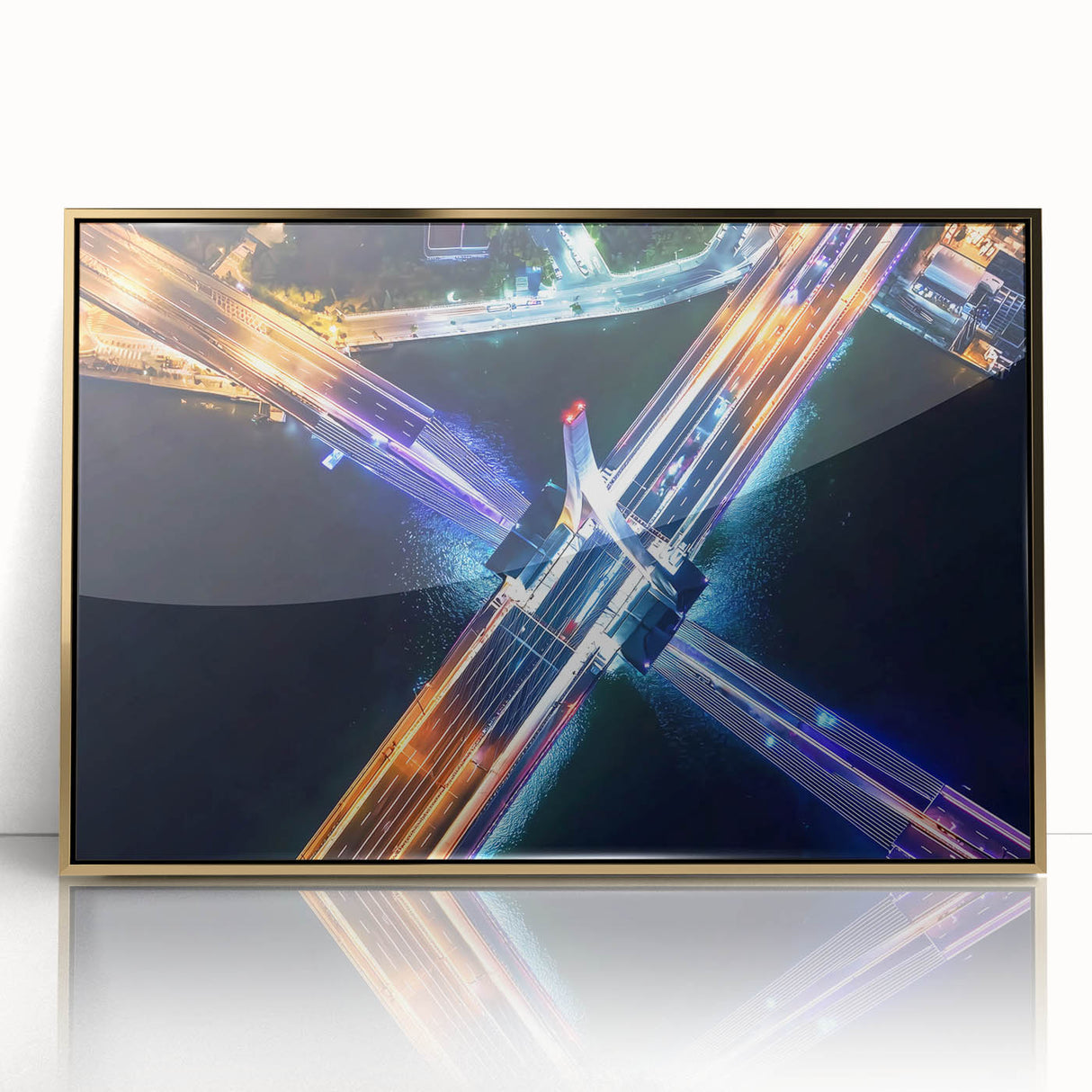 Framed acrylic artwork showcasing a stunning landscape bridge scene in rich gold tones, perfect for enhancing contemporary home decor and artistic displays.