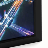 Close-up of a framed canvas artwork depicting a tranquil landscape bridge scene, showcasing vibrant colors and intricate details, ideal for home decor enthusiasts.