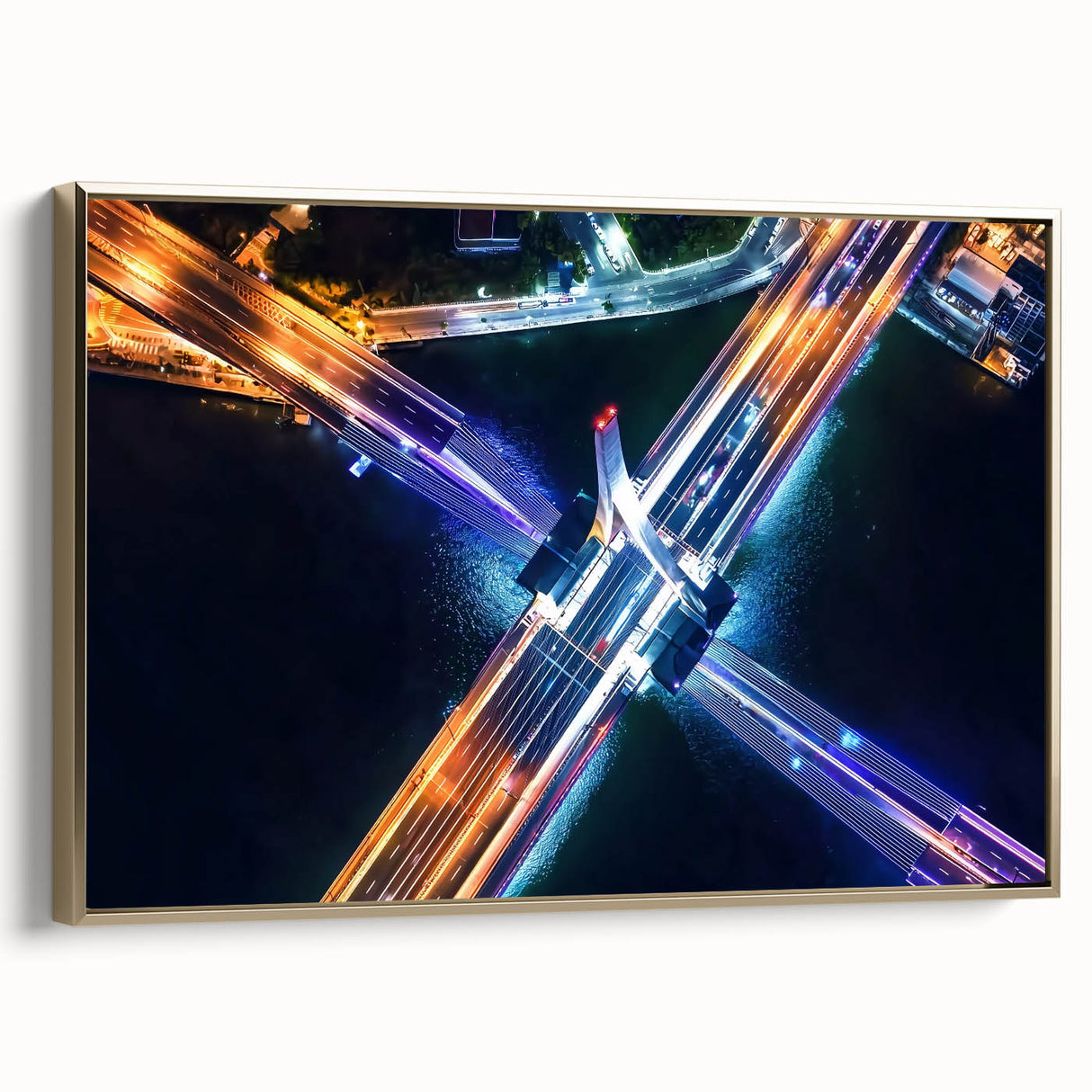 Framed canvas art showcasing a stunning landscape bridge design with golden accents, ideal for home decor. Side view highlights intricate details and vibrant colors.