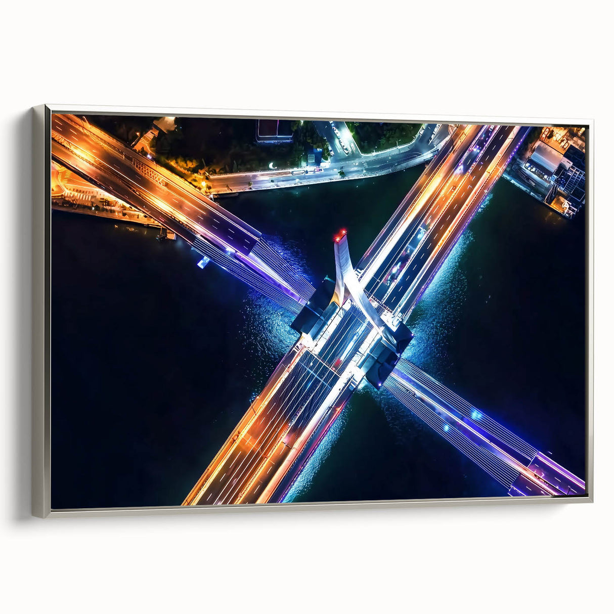 Framed landscape canvas artwork of a serene bridge scene, showcasing intricate details and a silver frame, perfect for enhancing home decor with a touch of elegance.