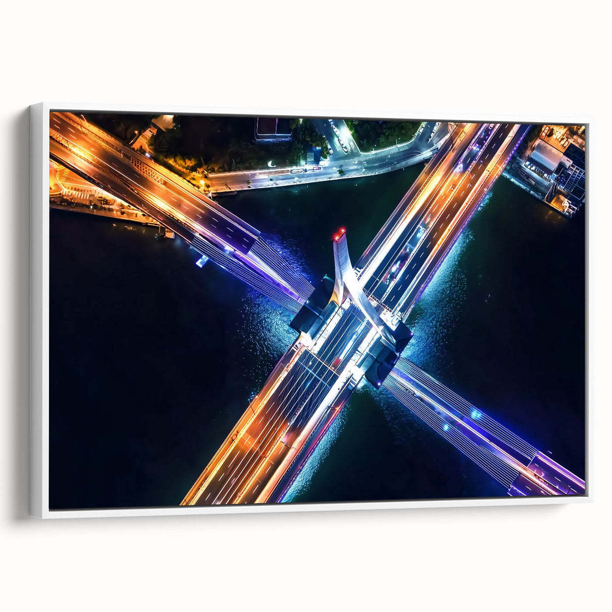 Framed canvas artwork depicting a serene landscape bridge scene in natural colors, set against a white background, ideal for home decor enthusiasts.