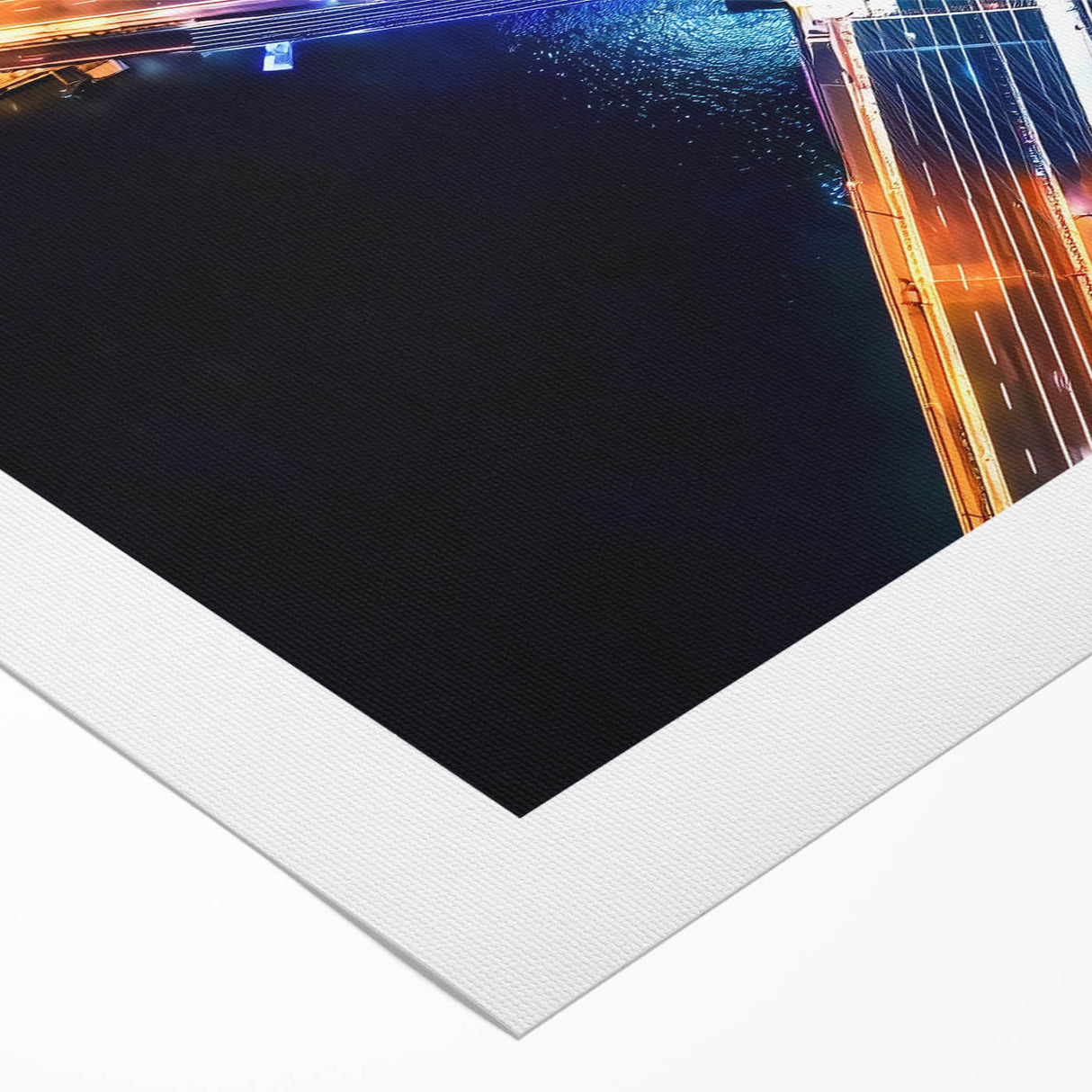 Rolled canvas showcasing a vibrant landscape bridge artwork, featuring rich colors and intricate details, packaged securely in a durable cardboard tube for safe shipping.