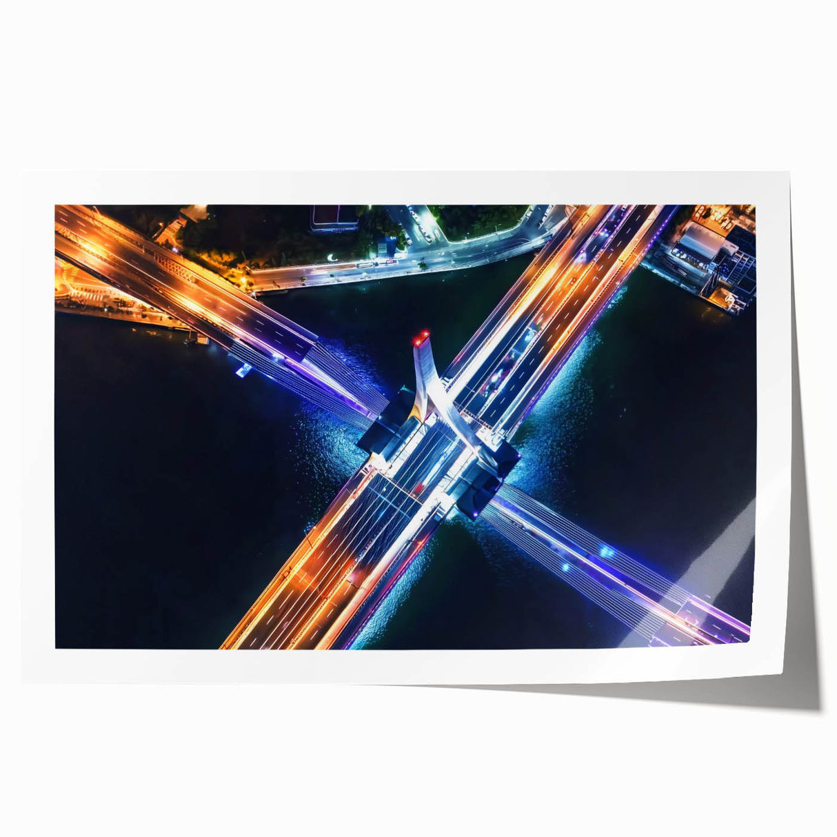 Rolled print of a stunning landscape bridge artwork showcasing vibrant colors and intricate details, packaged securely in a protective tube for safe delivery.