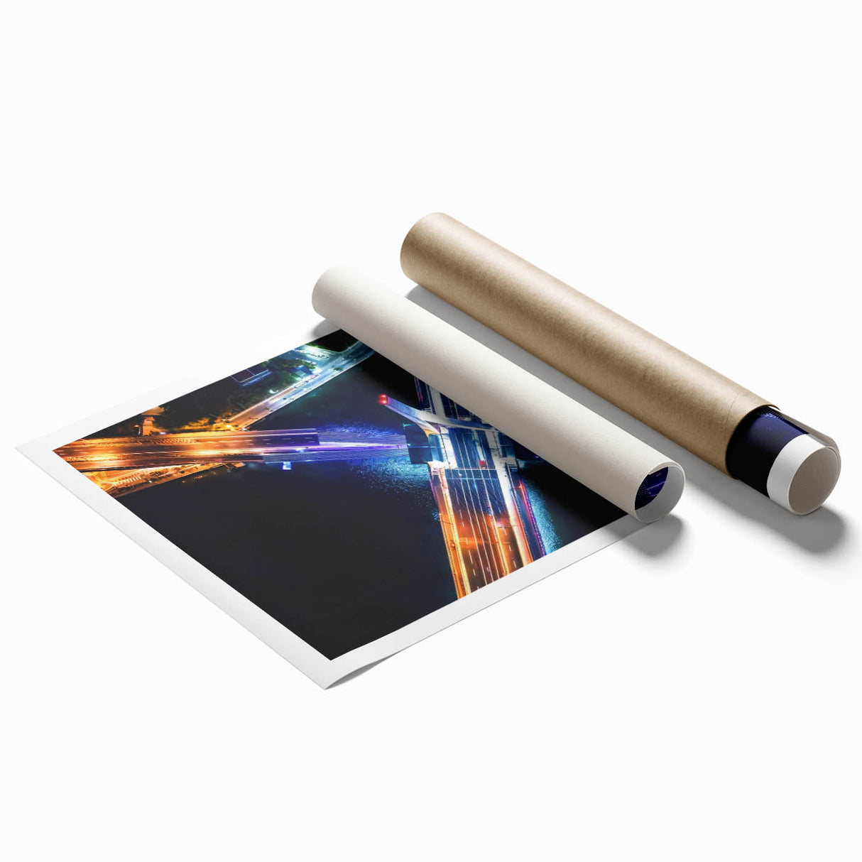 Rolled print showcasing a detailed landscape bridge design, featuring vibrant colors and intricate textures, securely packaged in a protective cardboard tube for easy shipping and display.