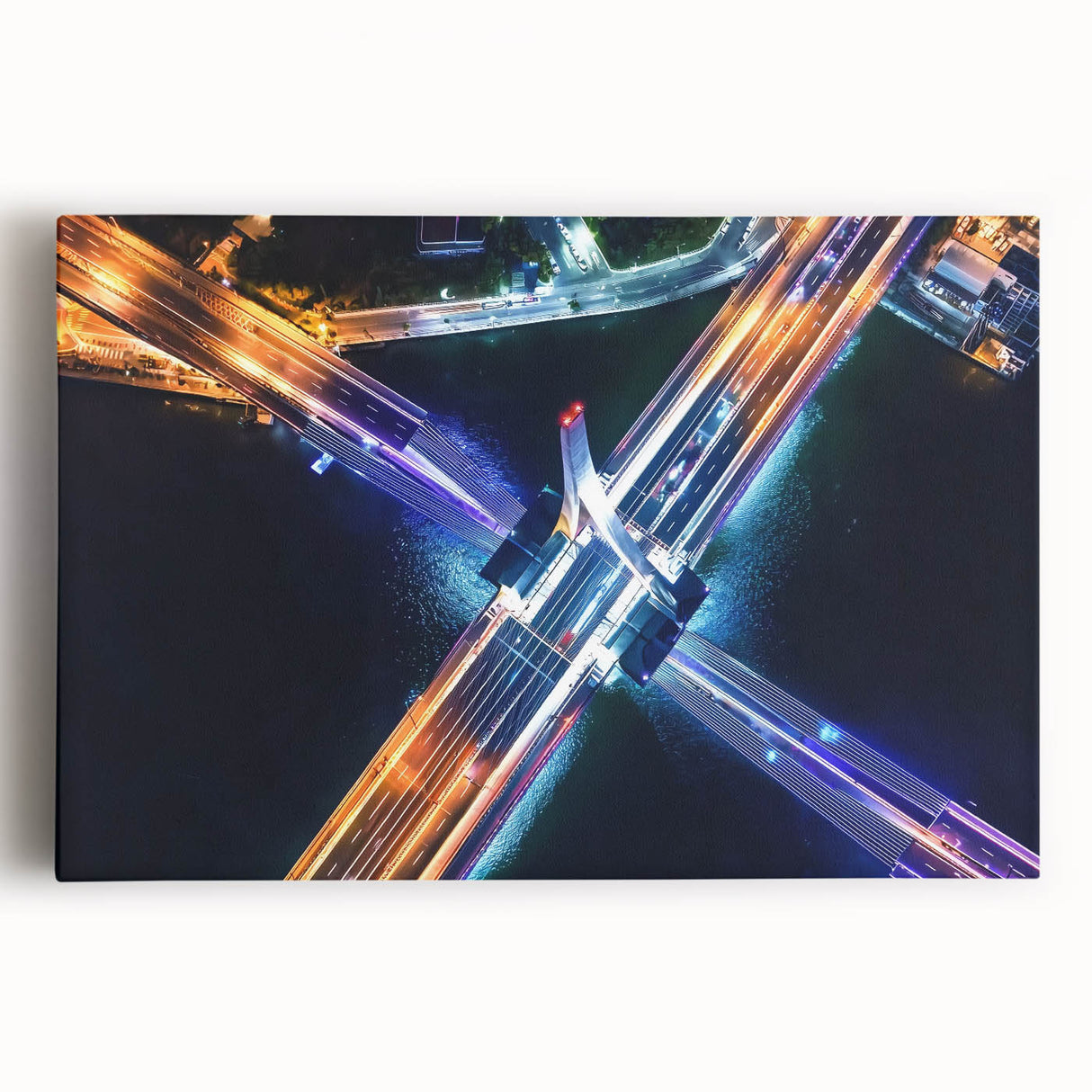 Stretched canvas artwork showcasing a vibrant landscape bridge scene in rich colors, ideal for home decor or office settings, enhancing aesthetic appeal and tranquility.