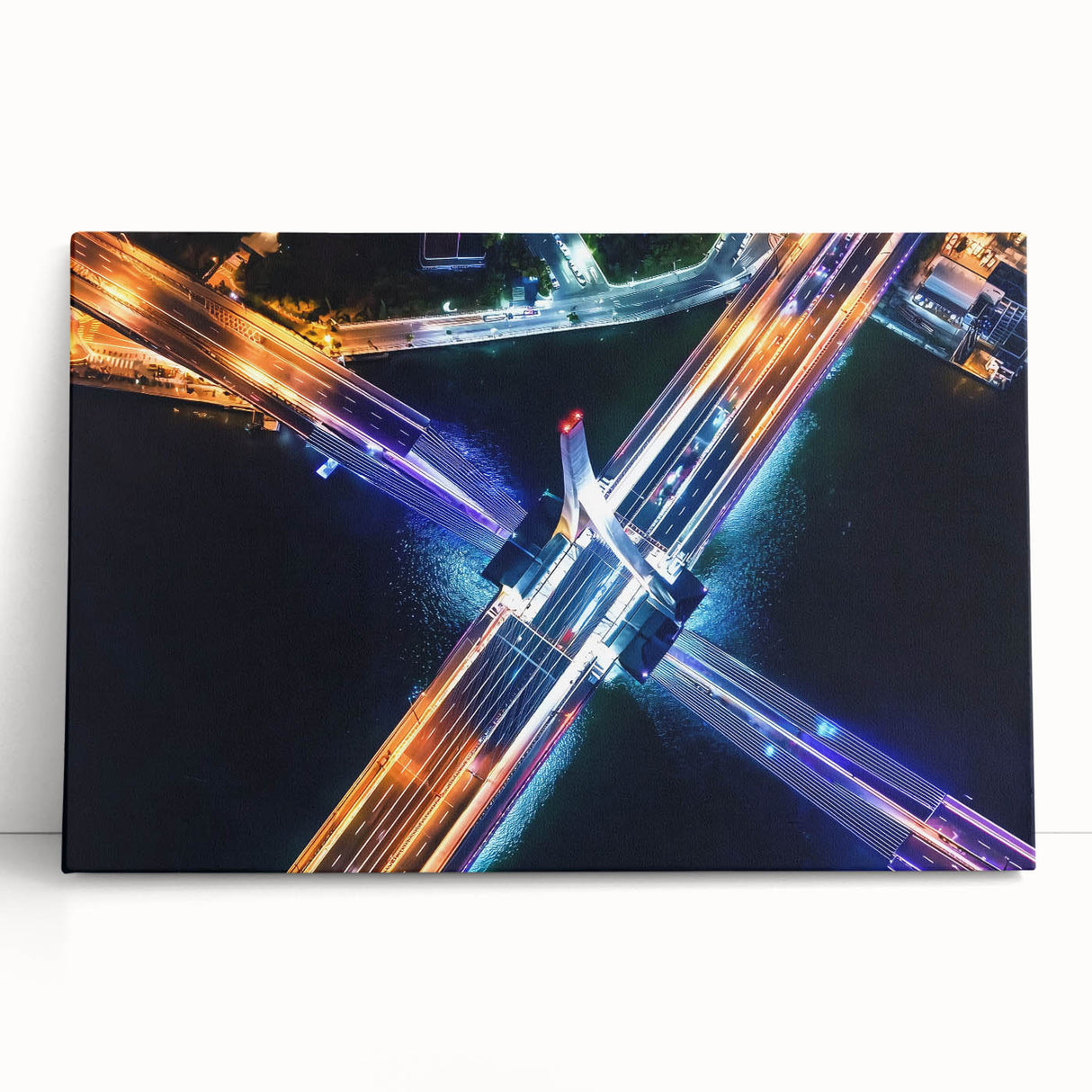 Stretched canvas artwork depicting a serene landscape bridge scene, showcasing vibrant greens and blues, ideal for home decor or office settings. Perfectly captures nature's beauty with a tranquil vibe.