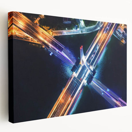 Stretched canvas artwork depicting a serene landscape bridge scene, showcasing vibrant colors and intricate details, perfect for enhancing home decor.