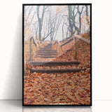 Large abstract wall art depicting autumnal trees in muted orange and brown, framed in black acrylic.