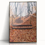 Mid-century modernist art depicting an abstract fall scene in earthy tones on a silver-framed acrylic print.