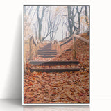 Art deco poster featuring an autumnal scene with orange and brown tones on a white acrylic framed print.