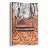 Vintage poster art of fall season on extra large framed canvas, featuring colorful leaves against a black background.