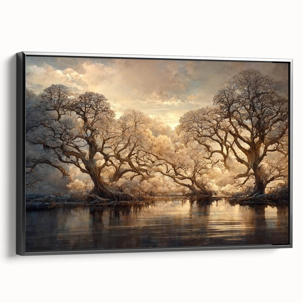 Framed canvas wall art showcasing an abstract floral design in vibrant colors, elegantly displayed from a black side view, perfect for modern home decor.