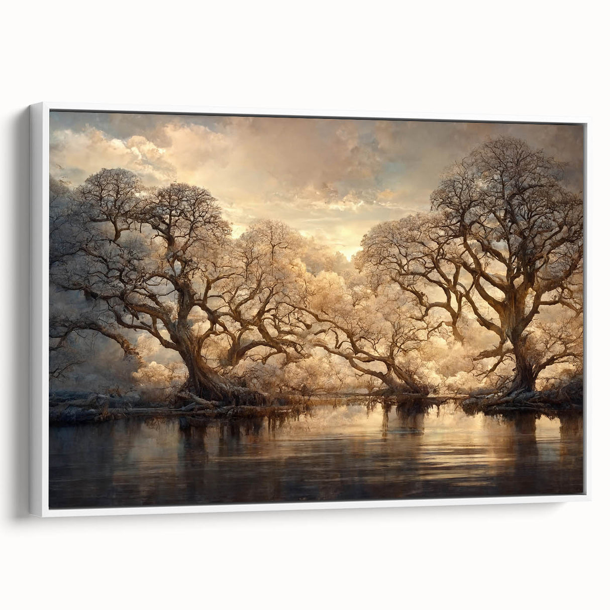 Framed canvas wall art featuring abstract floral designs in soft pastel colors, viewed from the side, showcasing its elegant white frame and modern aesthetic, perfect for home decor.