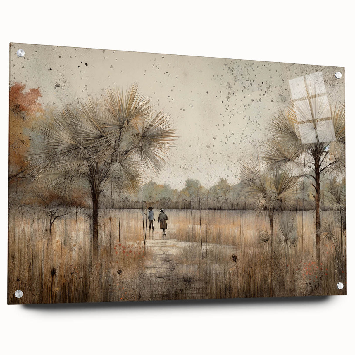 Abstract landscape wall art displayed in a side view, featuring vibrant colors and geometric patterns, mounted with pins for a modern aesthetic, perfect for home decor.