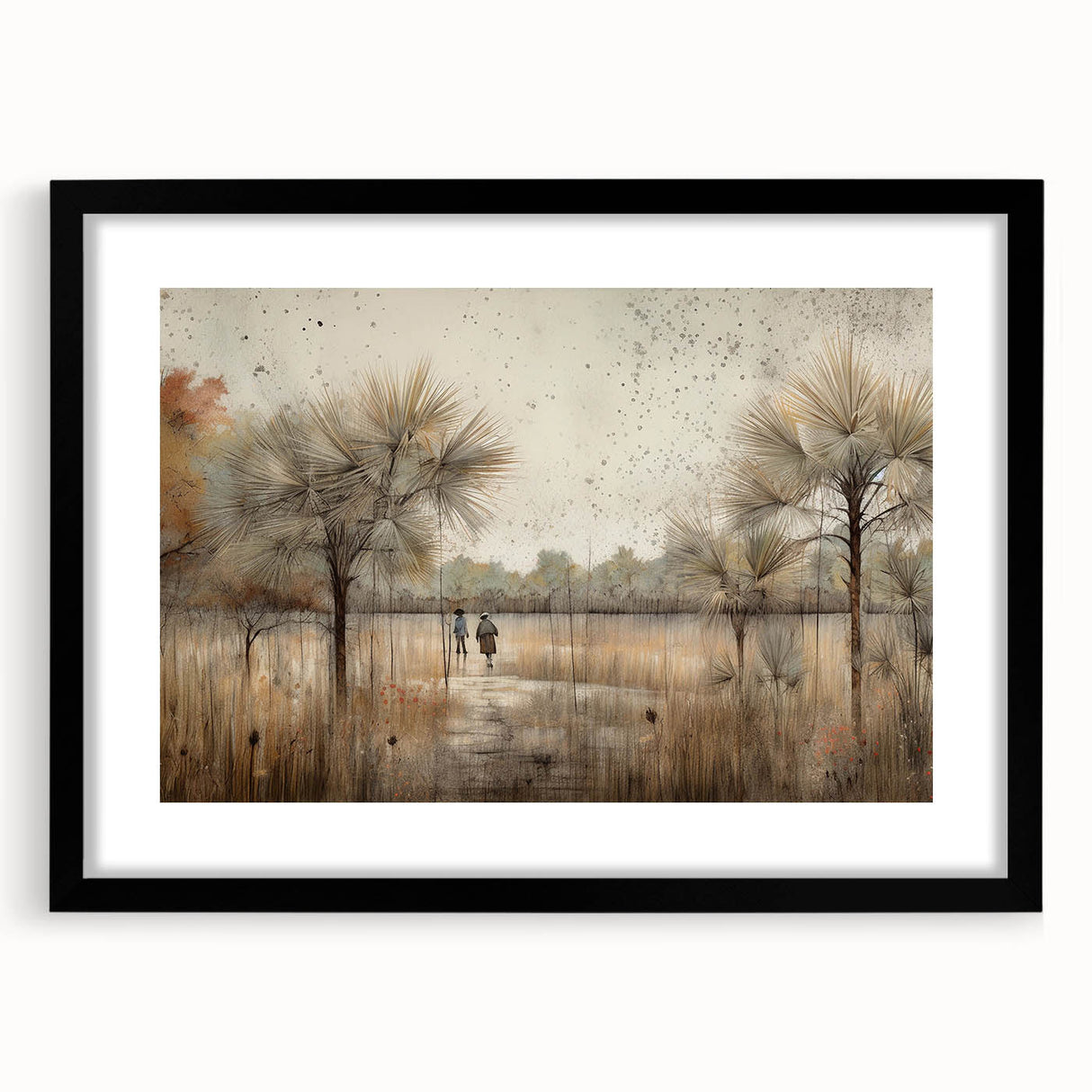 Abstract landscape wall art framed with a black mat, showcasing vibrant colors and intricate patterns, perfect for modern home decor. Ideal for enhancing living spaces.