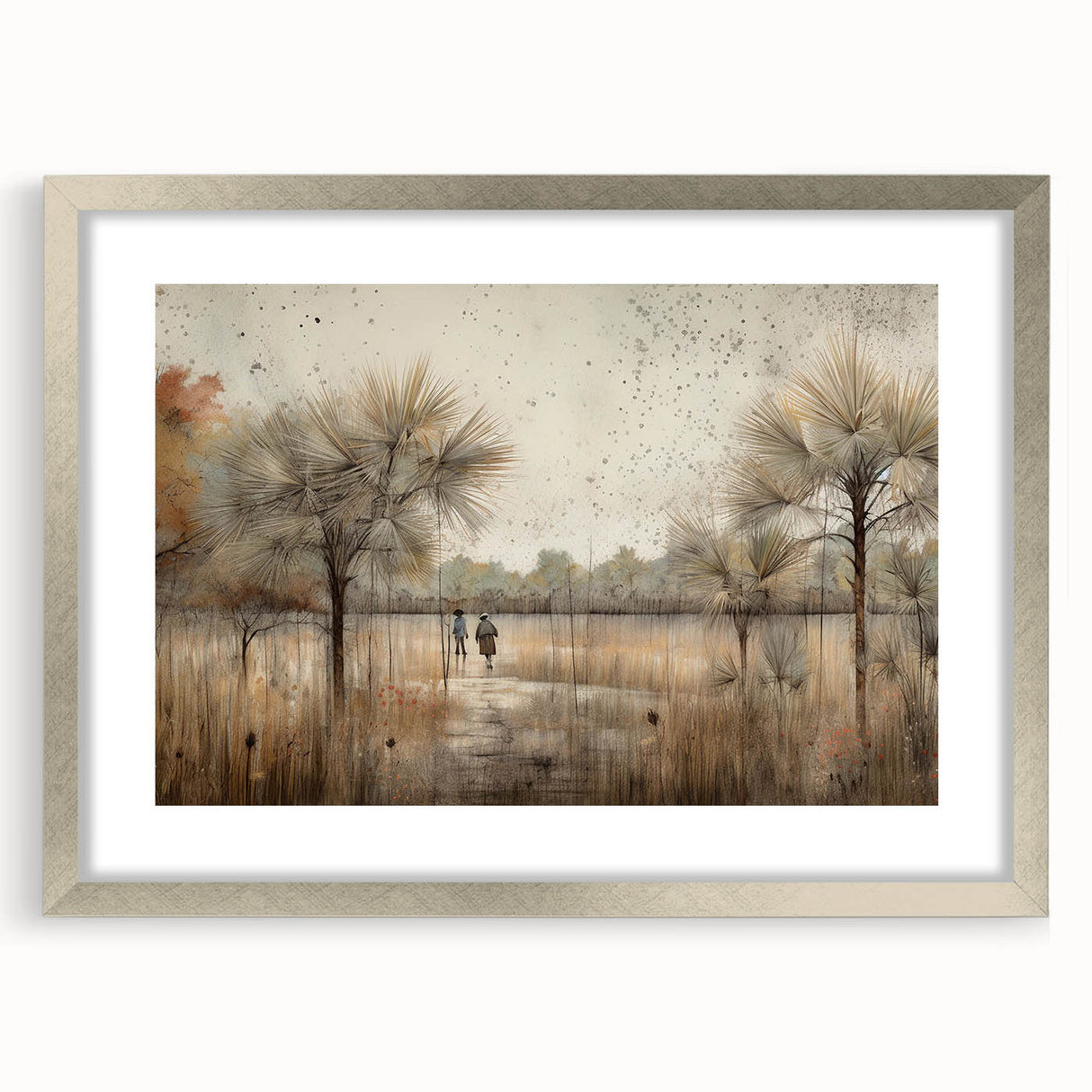 Abstract landscape wall art framed in silver with a white mat, showcasing vibrant colors and dynamic shapes, perfect for modern home decor.