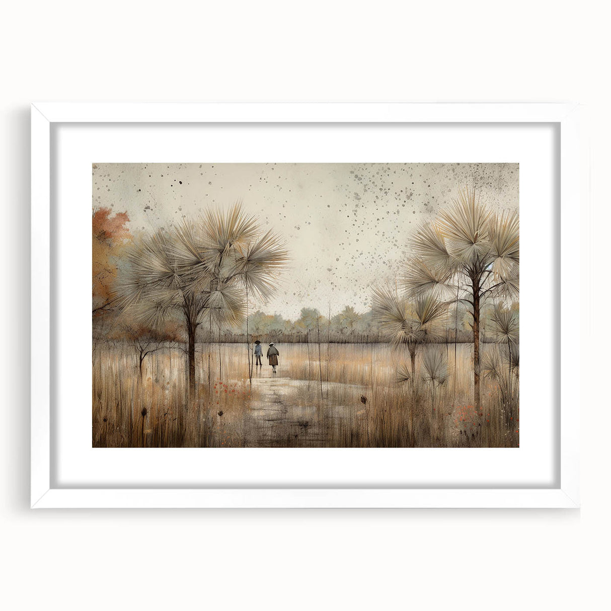 Abstract landscape wall art framed with a white mat, showcasing vibrant colors and intricate textures, perfect for modern home decor and enhancing interior aesthetics.