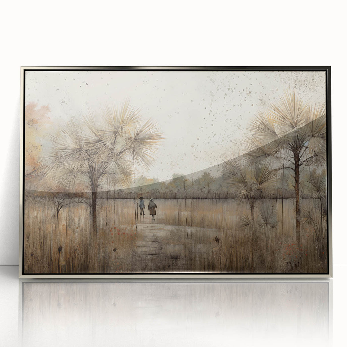 Framed abstract landscape wall art in silver acrylic, showcasing vibrant colors and dynamic shapes, ideal for modern home decor and artistic expression.
