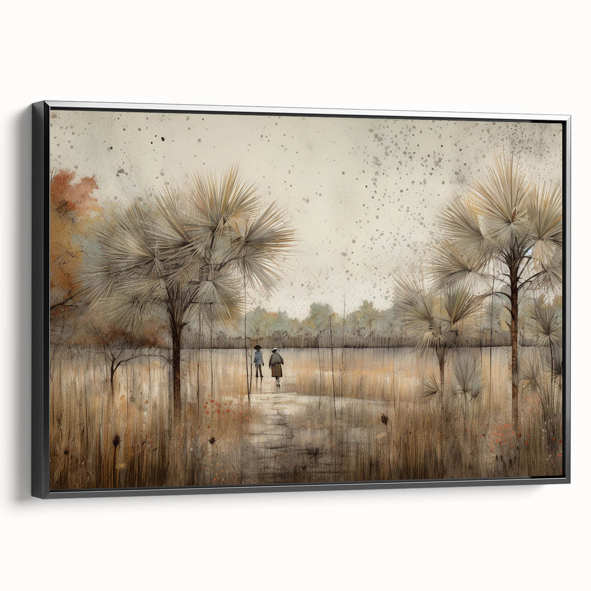 Framed abstract landscape wall art in a sleek black frame, showcasing vibrant colors and dynamic shapes, ideal for modern home decor and artistic settings.