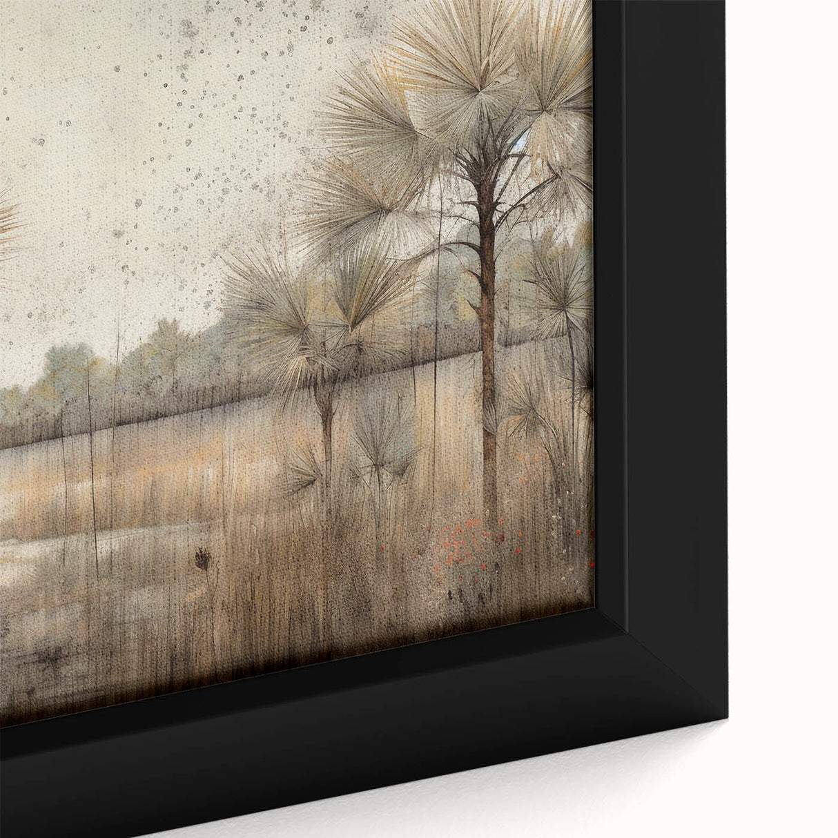Close-up of framed abstract landscape wall art featuring vibrant blues and greens, showcasing textured brush strokes and a modern aesthetic, ideal for home decor.