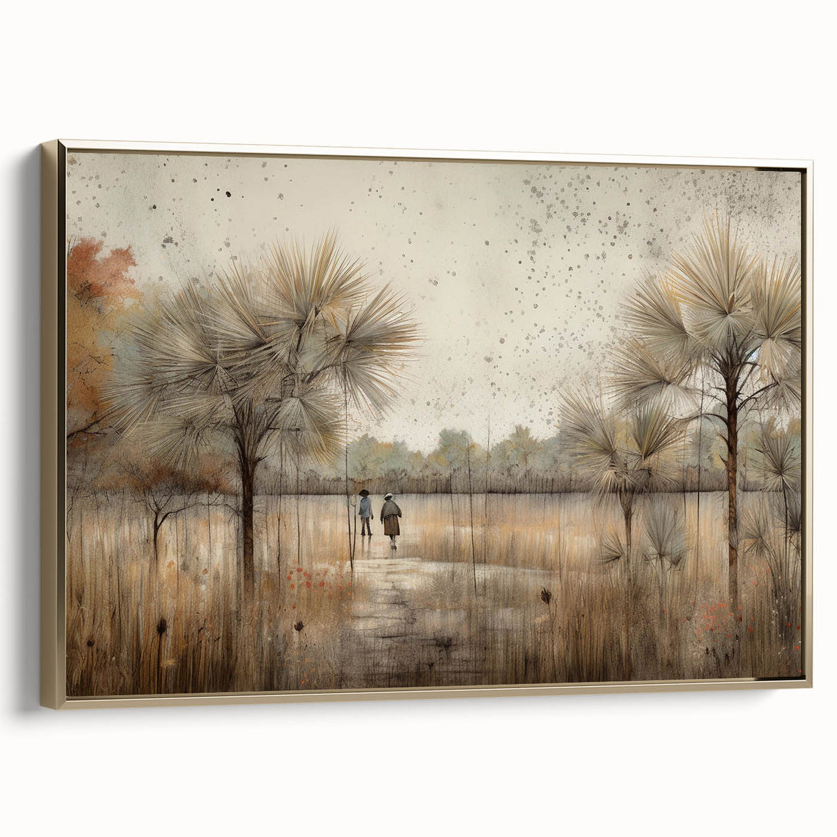 Framed abstract landscape wall art featuring gold accents, showcasing a modern design with rich textures and a sleek side view, perfect for contemporary decor.