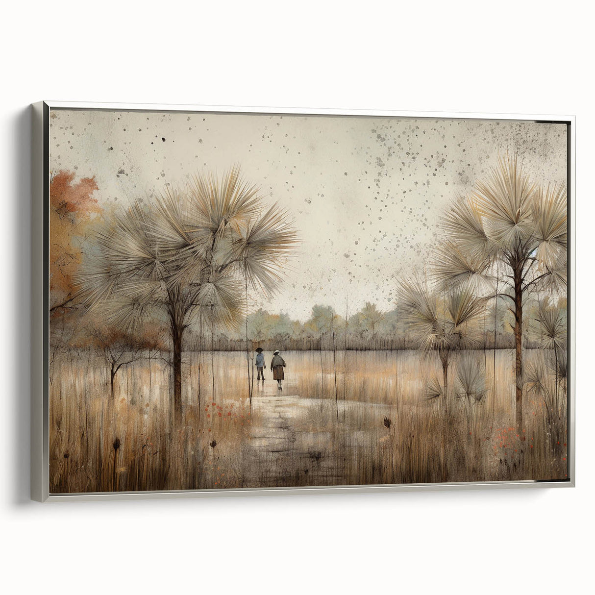 Framed abstract landscape wall art featuring soft hues of blue and silver, showcasing a modern aesthetic ideal for contemporary decor settings. The piece is designed to enhance living spaces with its elegant composition and adds a touch of sophistication to any room.