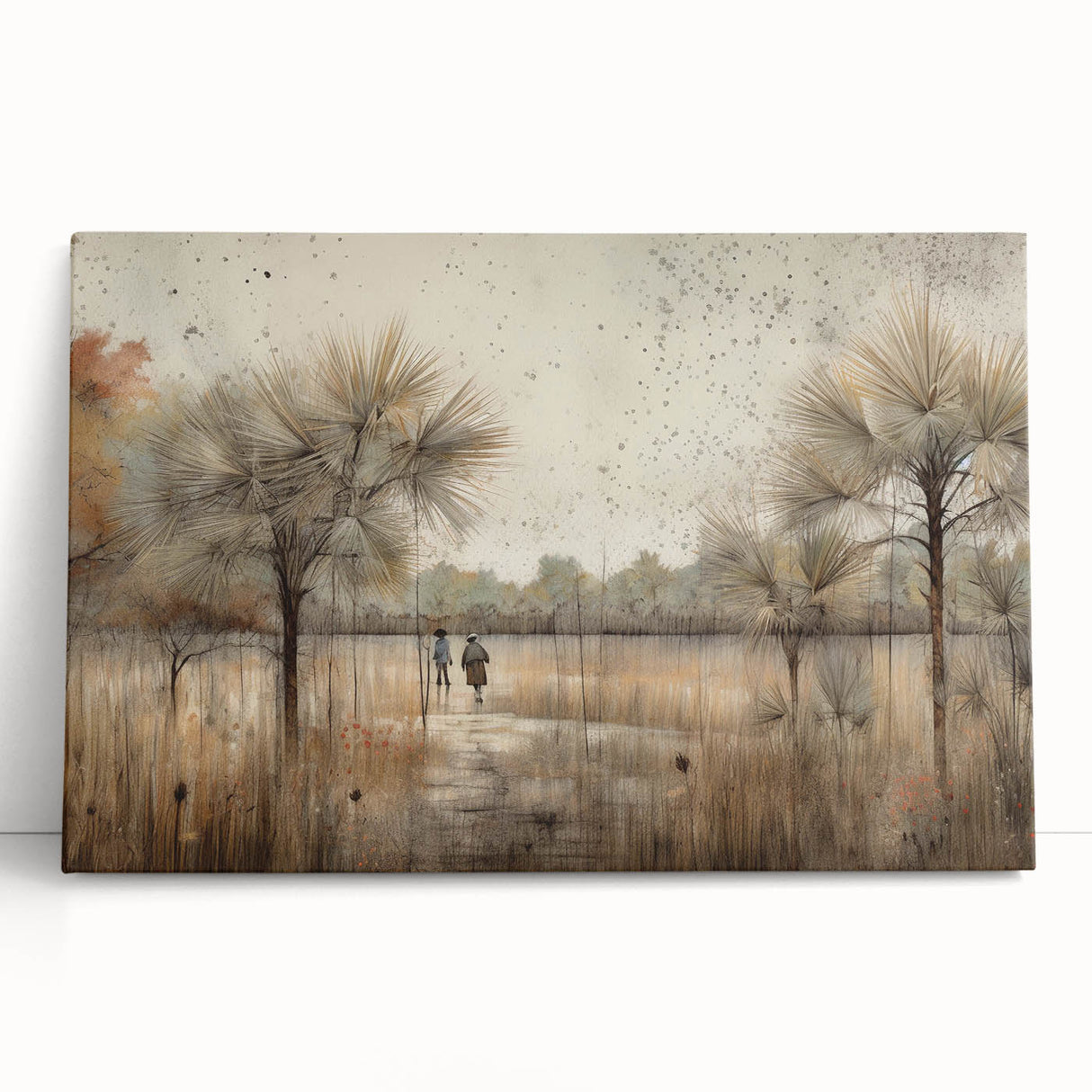 Abstract landscape wall art on stretched canvas showcasing vibrant colors and fluid shapes, leaning against a neutral wall, perfect for modern home decor.
