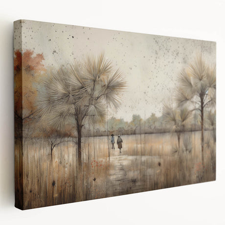 Stretched canvas artwork showcasing an abstract landscape design with vibrant colors and dynamic shapes, ideal for modern home decor, displayed from a side view.