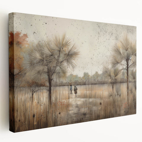 Stretched canvas artwork showcasing an abstract landscape design with vibrant colors and dynamic shapes, ideal for modern home decor, displayed from a side view.