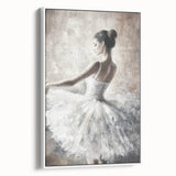 Framed abstract figurative canvas art with a white border, showcasing dynamic shapes and muted colors, perfect for modern home décor and artistic interiors.