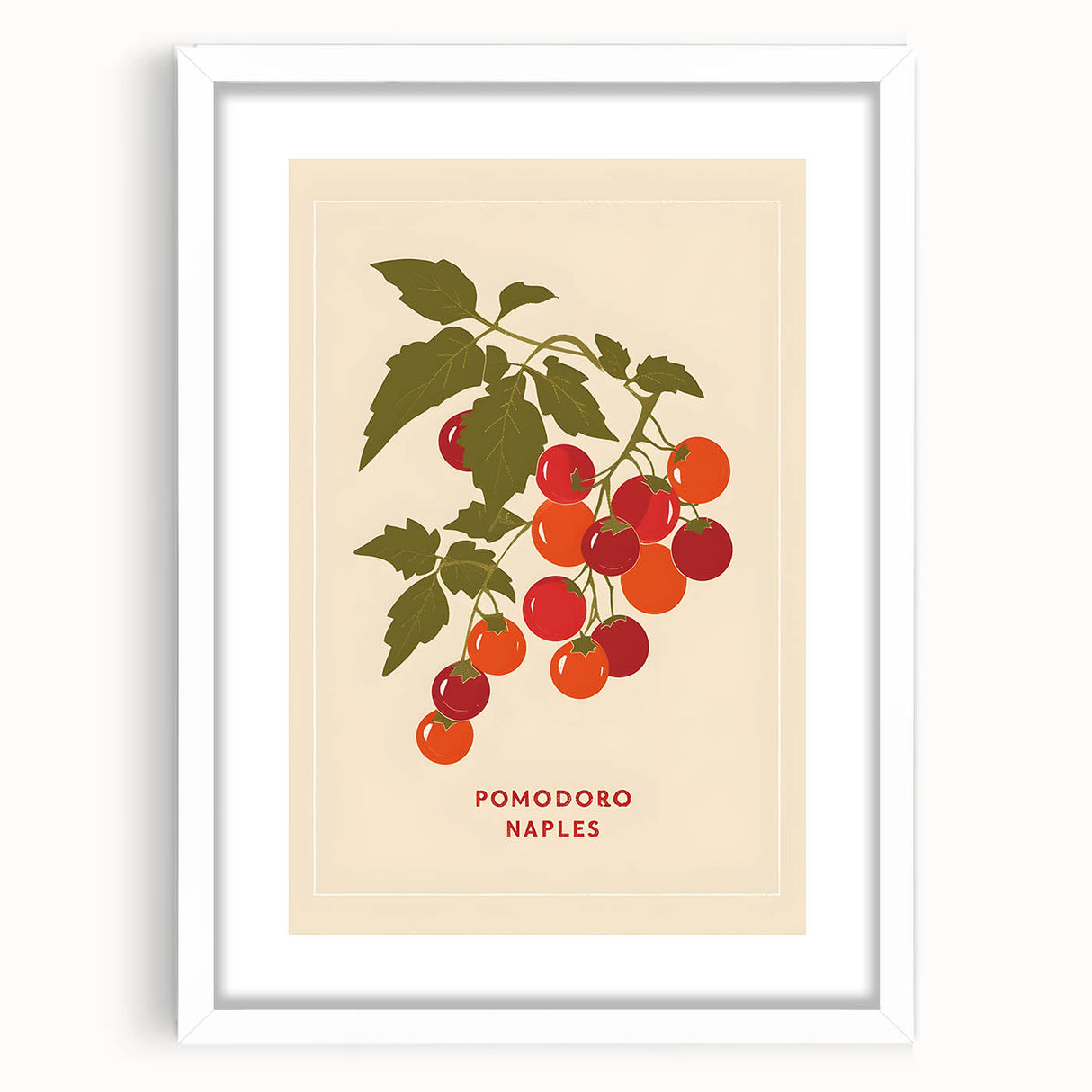 Abstract art print featuring assorted fruits in vibrant colors on a white framed mat, ideal for dining room decor.