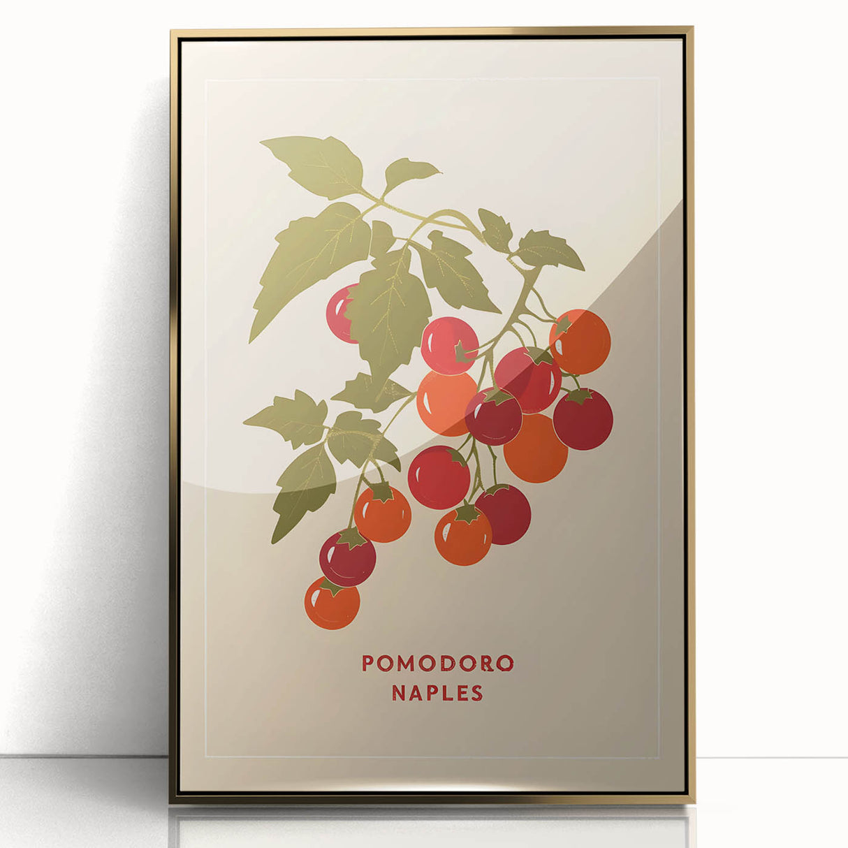 Large acrylic print of assorted fruits in a mid-century modernist style, framed in gold, suitable for modern kitchen decor.