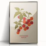 Mid-century modernist art featuring assorted fruits in vibrant colors on a silver-framed acrylic print.
