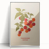Acrylic print of colorful fruits in art deco style, framed in white, ideal for modern kitchen decor.