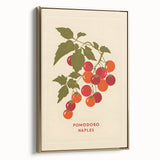 Framed canvas featuring a vintage poster of assorted fruits in muted earth tones, ideal for bedroom wall art.