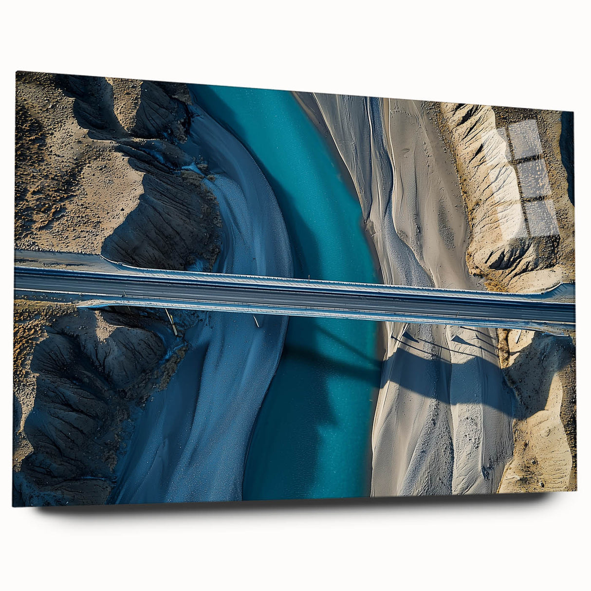Acrylic glass side view of a landscape bridge design, showcasing vibrant colors and intricate details, perfect for modern decor or art display.
