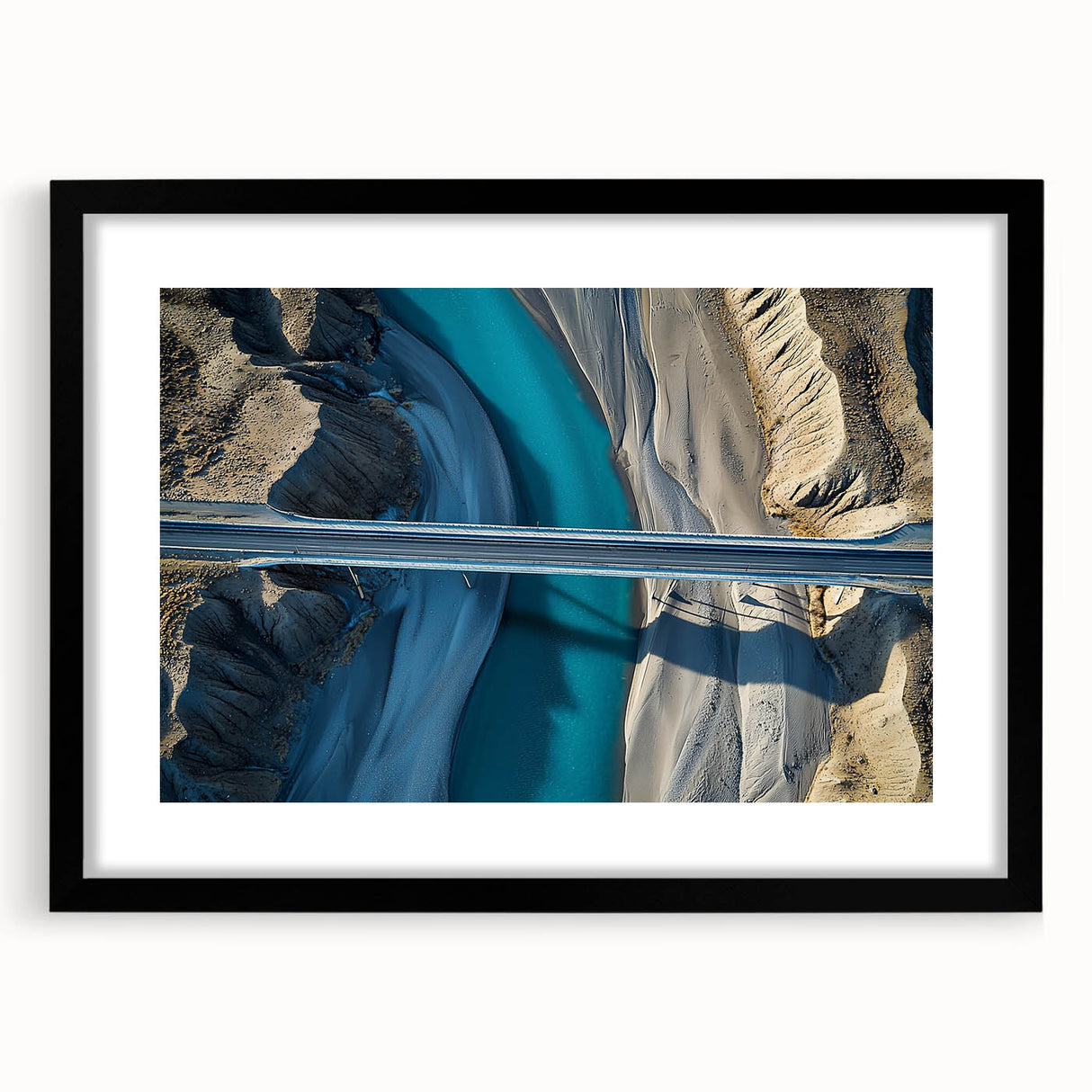 Black landscape bridge frame with a white mat, showcasing a modern design suitable for home decor. Ideal for displaying artwork or photos, enhancing interiors.