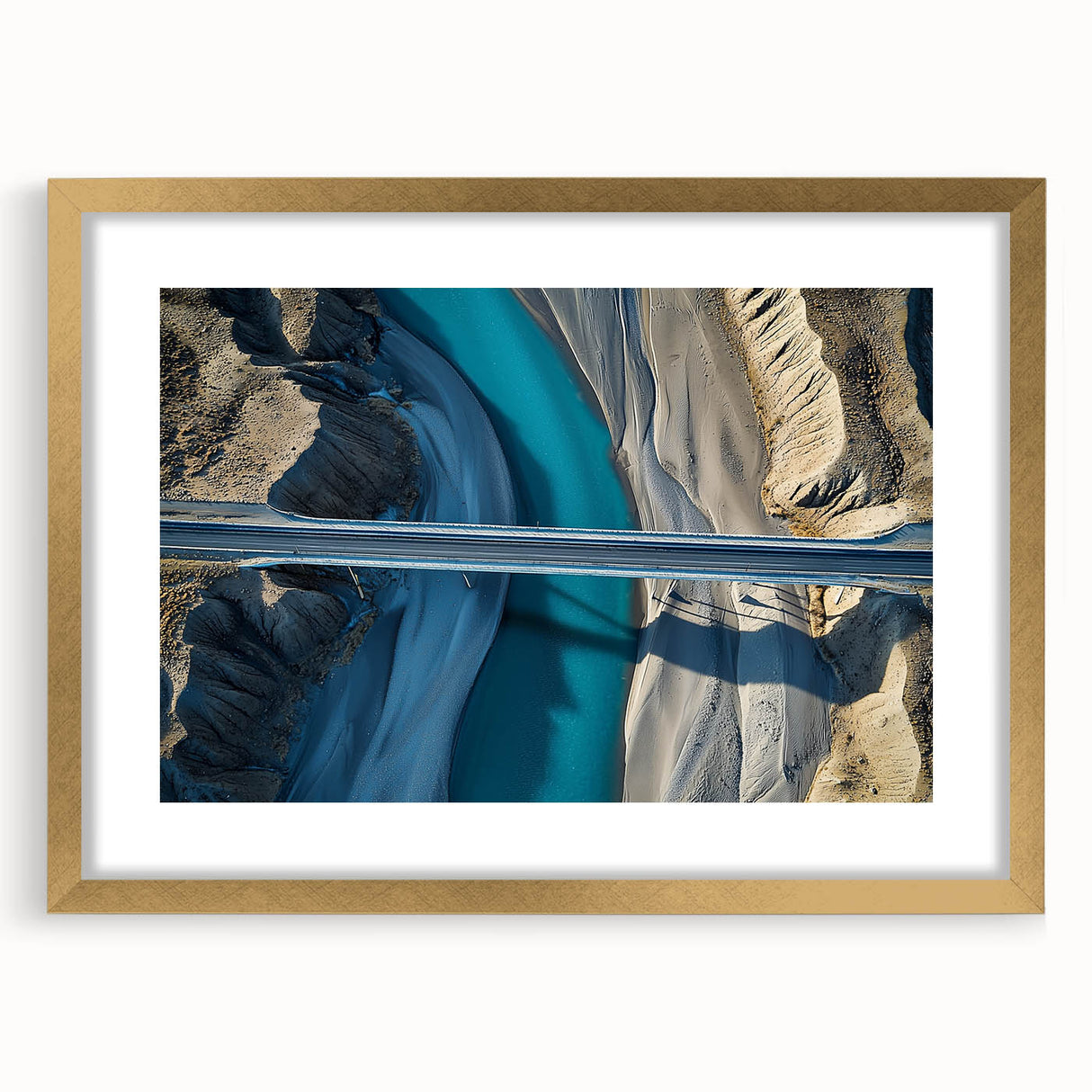 Landscape bridge frame with a gold mat, showcasing elegant design elements and a front view display, ideal for enhancing home décor and showcasing art.
