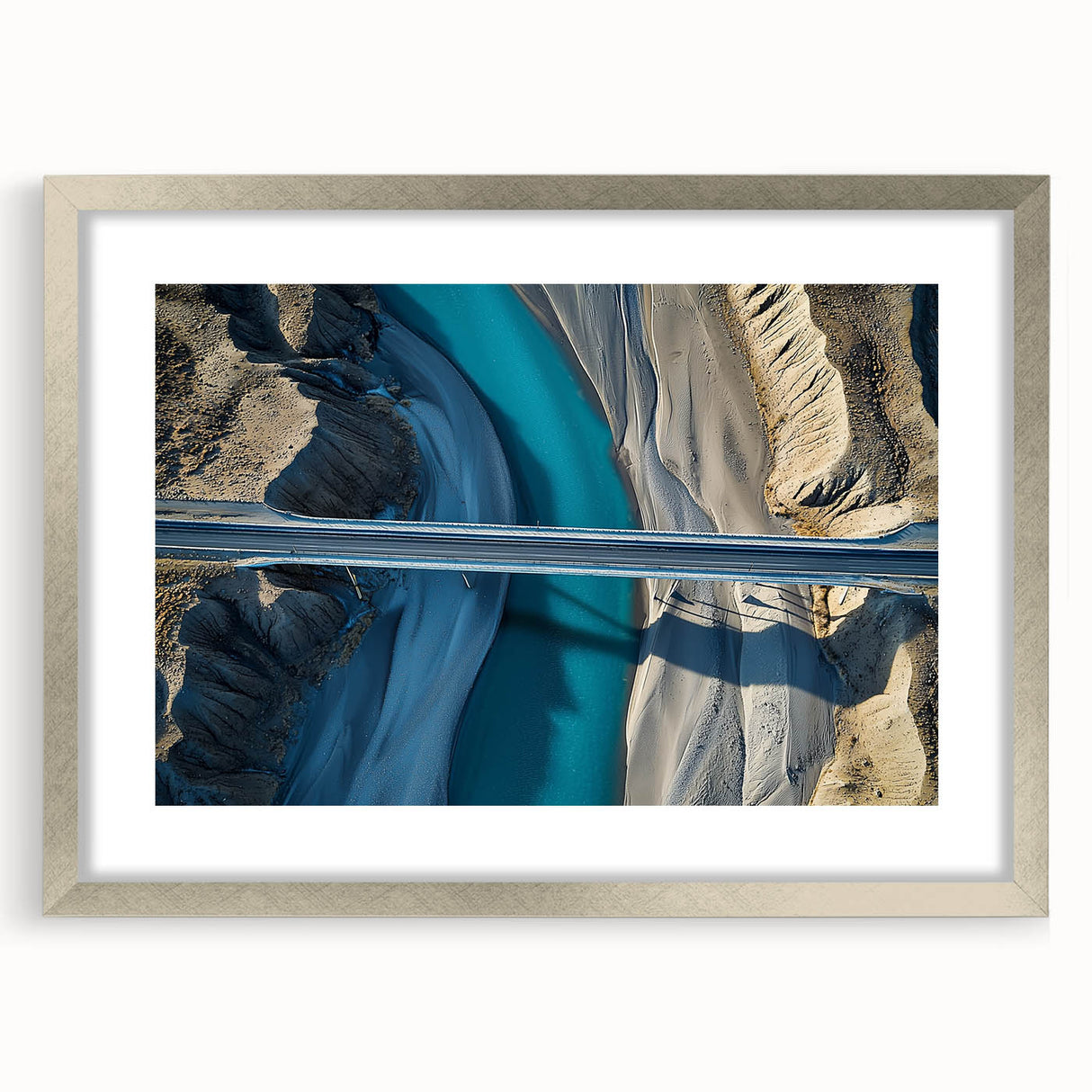 Landscape bridge frame with a silver mat showcasing a modern aesthetic, ideal for displaying artwork or photographs in a stylish setting. This elegant frame enhances decor and complements various interiors, providing a polished look for home or office use.