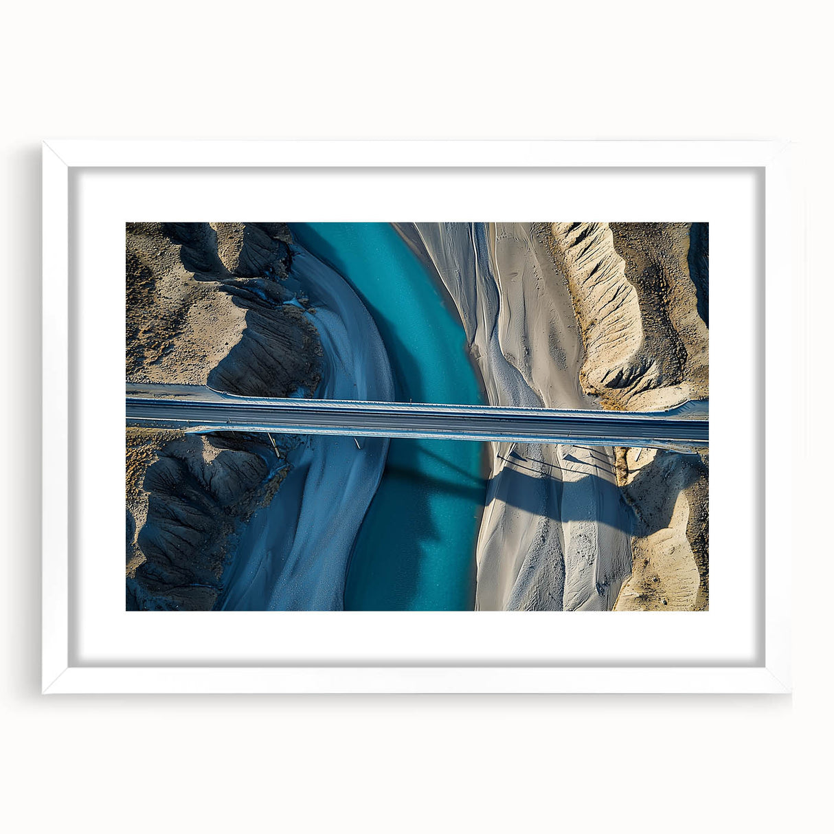 Landscape bridge frame in white matting, showcasing a scenic view of a tranquil bridge surrounded by greenery, perfect for enhancing home decor.