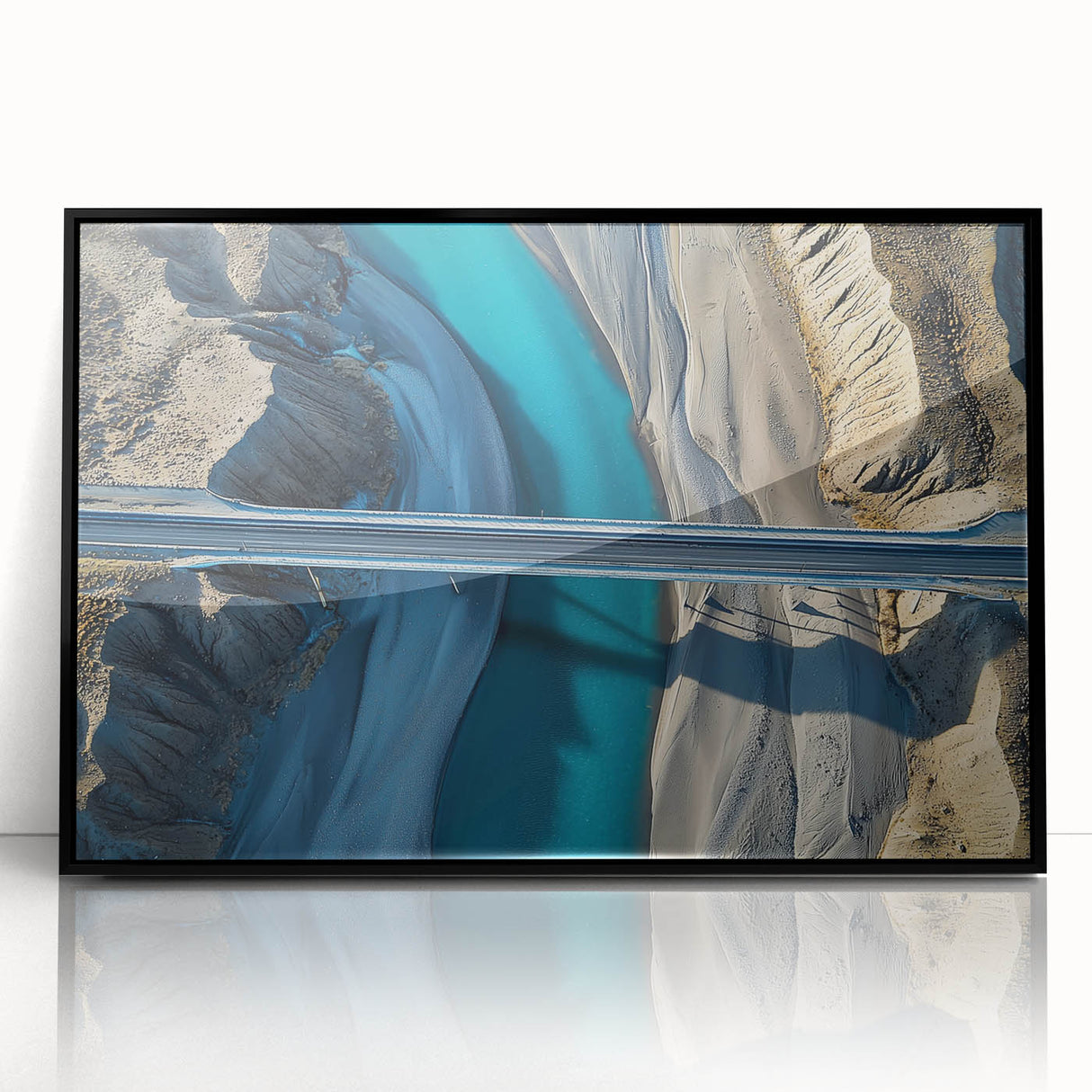 Framed acrylic artwork of a landscape bridge, showcasing intricate details and vibrant colors, displayed against a sleek black frame for modern home decor.