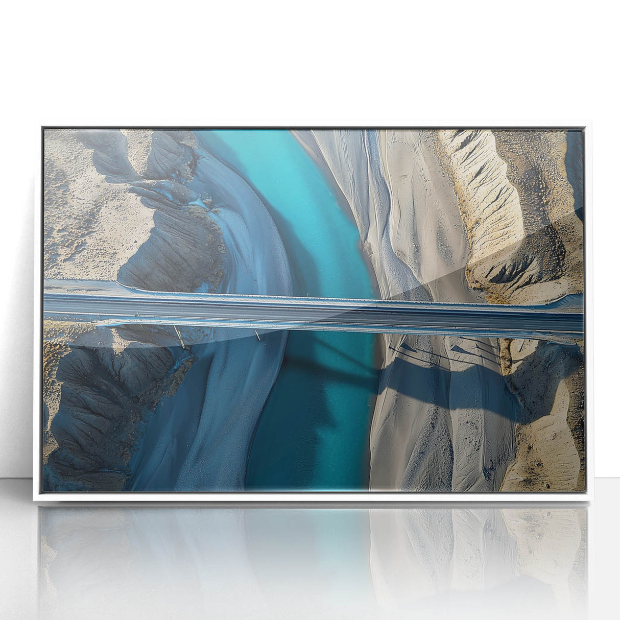 Framed acrylic artwork depicting a serene landscape bridge scene, set against a soft white background. Ideal for home decor, enhancing interior aesthetics with natural beauty.