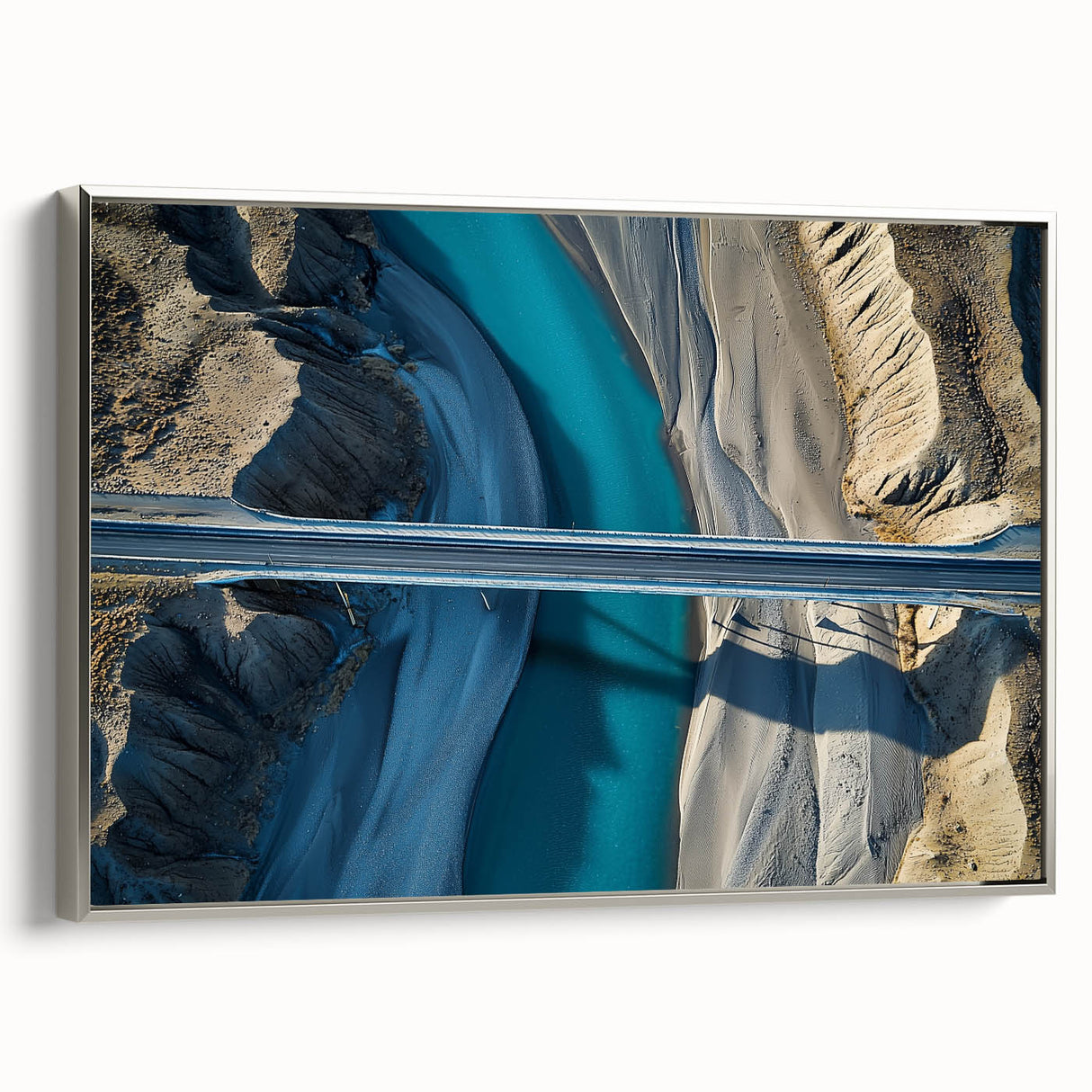 Framed canvas artwork showcasing a serene landscape bridge scene with a silver frame, perfect for home decor or office settings, enhancing any interior space.